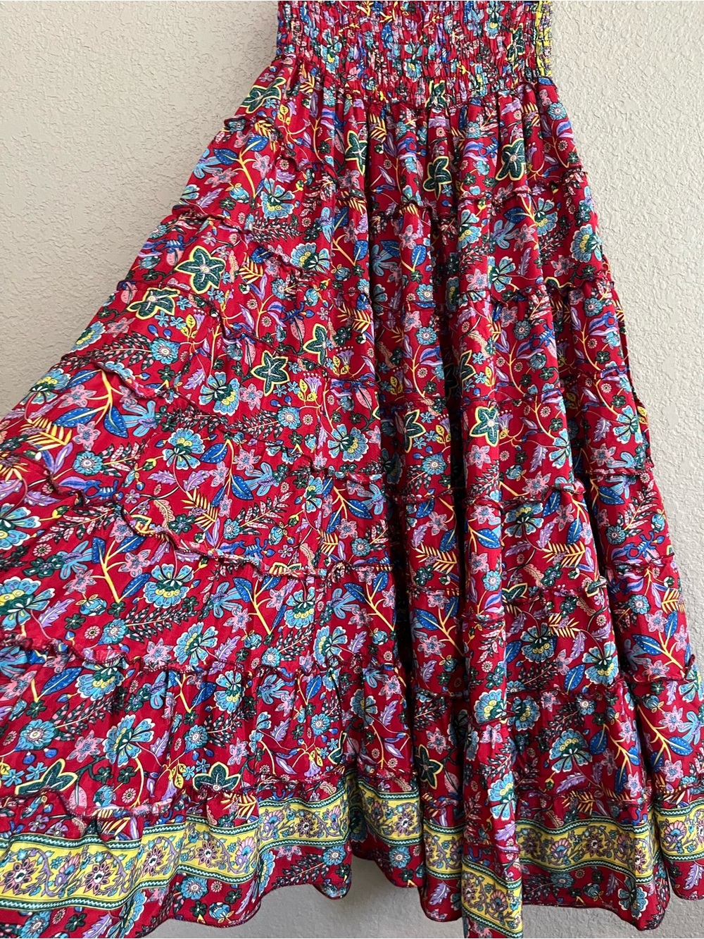 Rhea Silk Blend Boho Floral Ruffle Tiered Smocked Maxi Skirt Red
